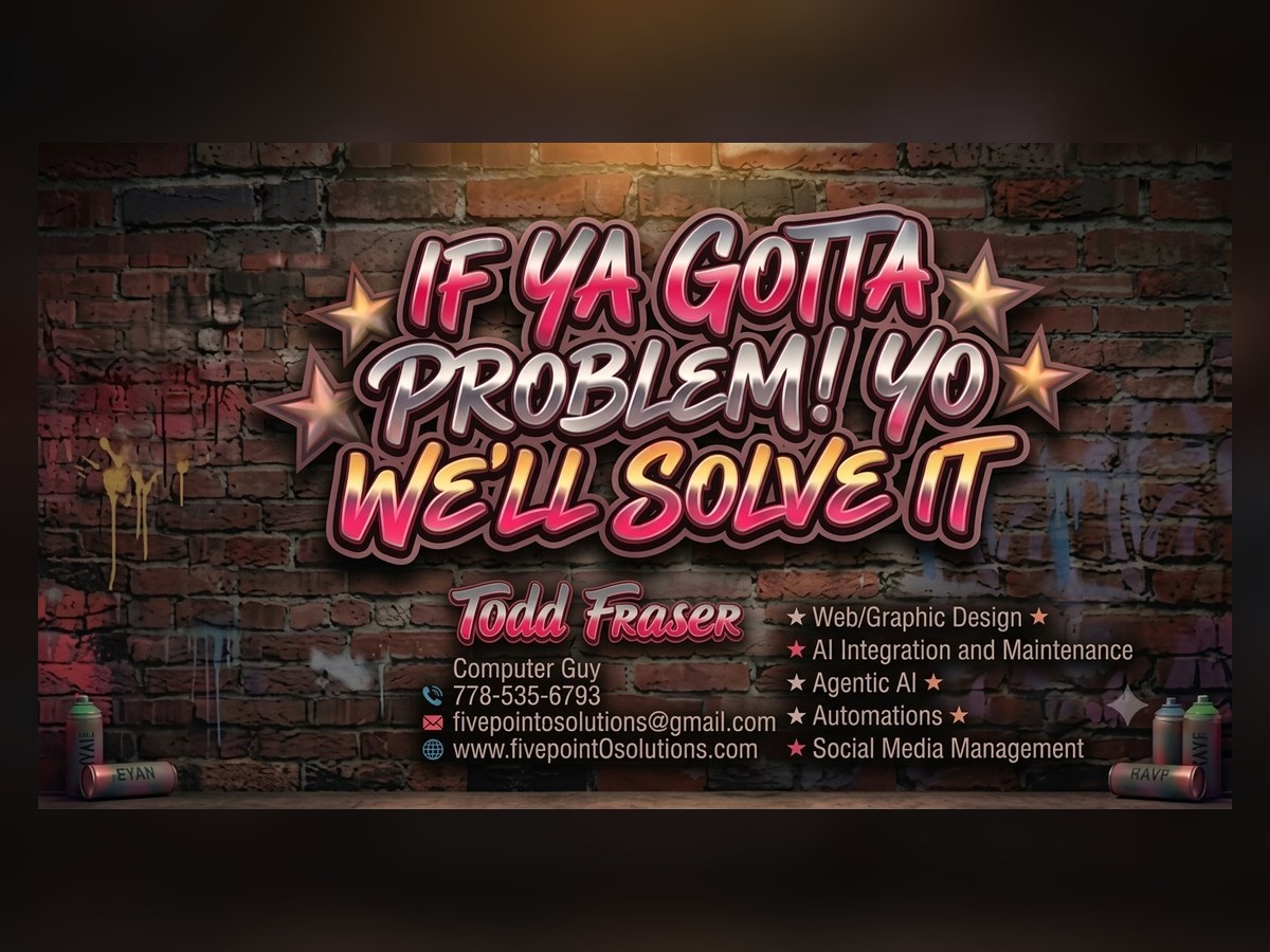 Five Point 0 Solutions promo card with graffiti lettering on a brick wall