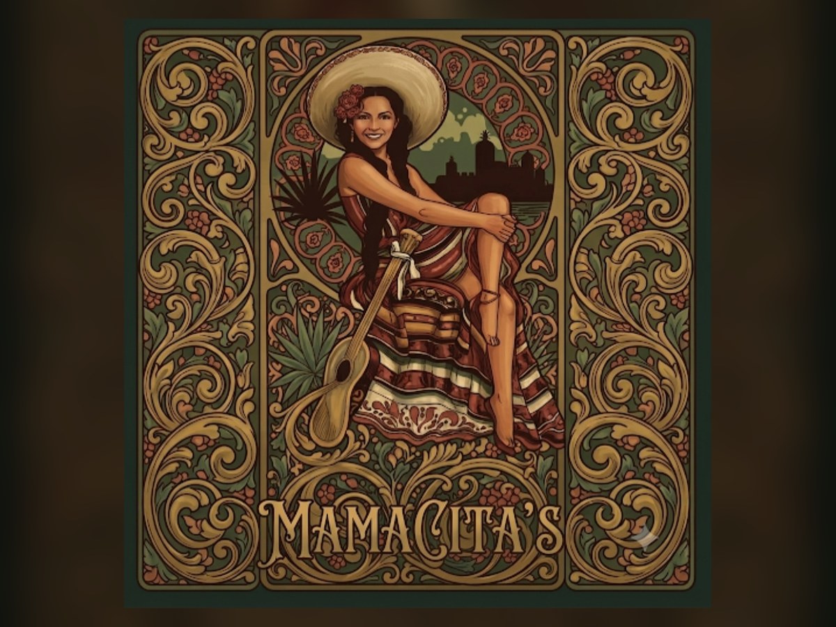 Art nouveau style MamaCita's poster showing a woman in a sombrero and striped dress seated with a guitar, framed by gold and green floral scrollwork