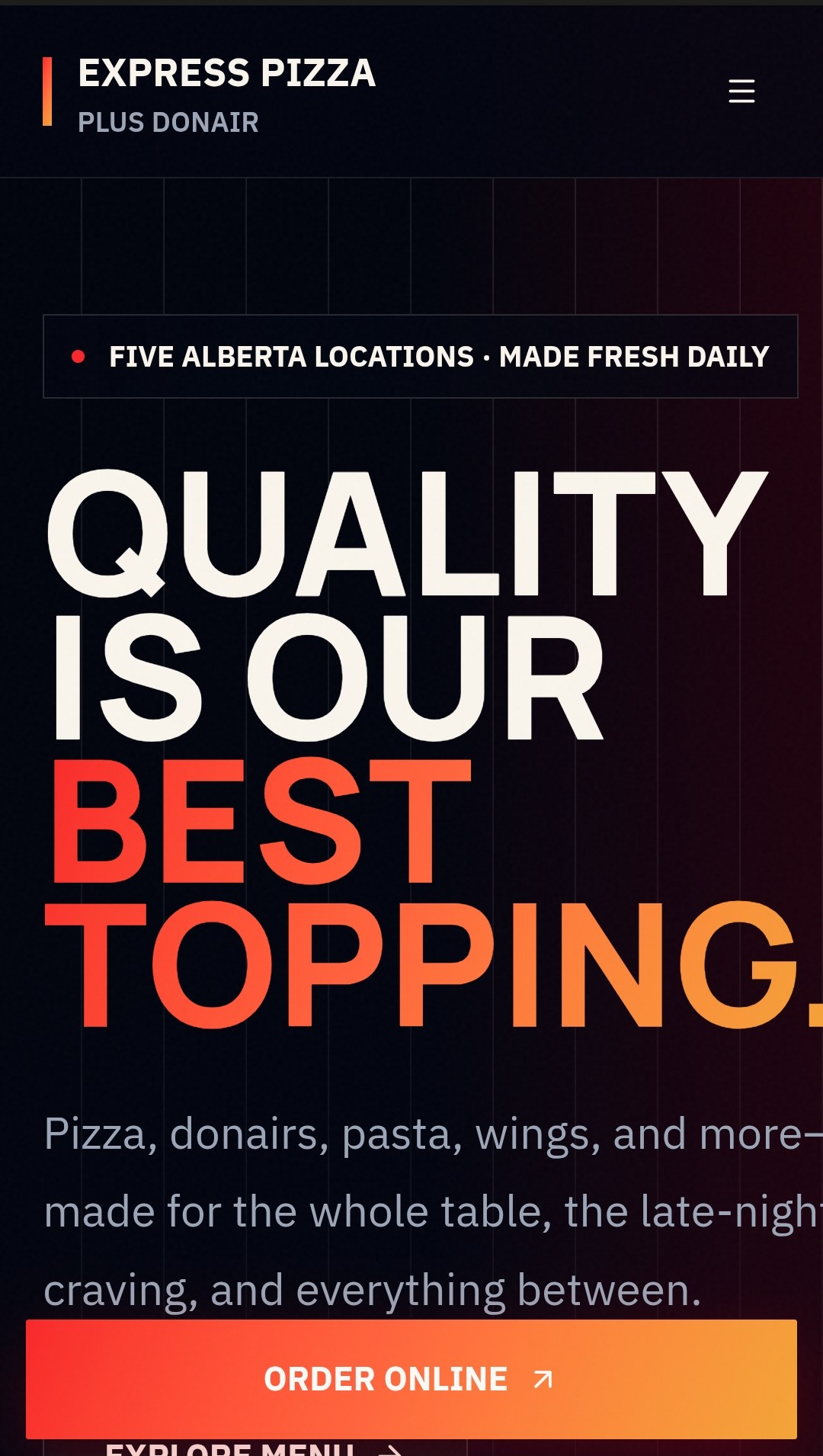 Express Pizza website homepage with the headline 'Quality is our best topping'