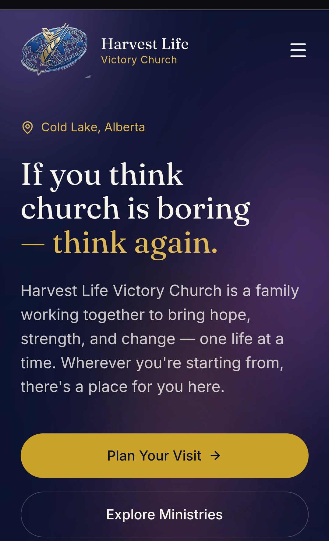 Harvest Life Victory Church website homepage with the headline 'If you think church is boring, think again'