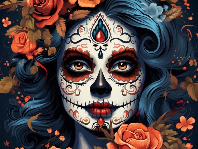Mamacita's artwork: a woman in Day of the Dead sugar-skull makeup with flowing blue hair, framed by orange and blue roses