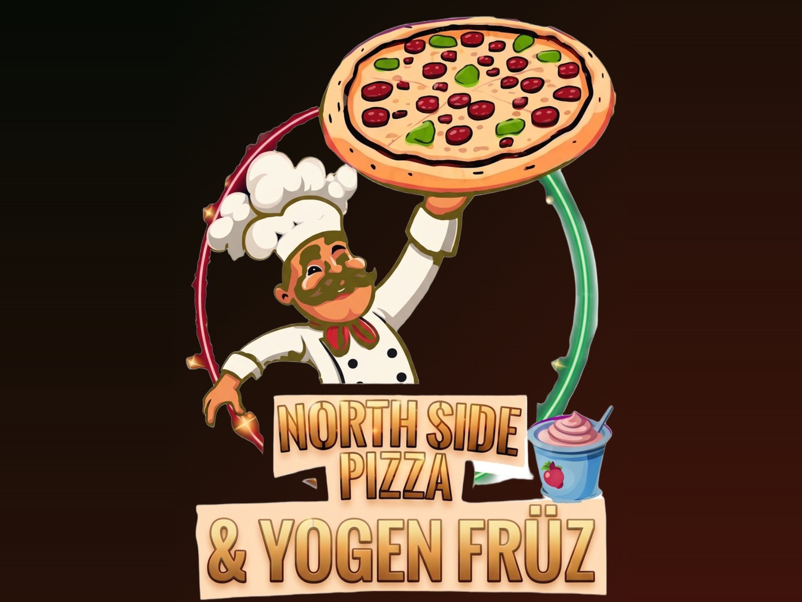 North Side Pizza & Yogen Früz logo: a winking chef holding a pizza overhead inside a neon ring, with a frozen yogurt cup beside the name