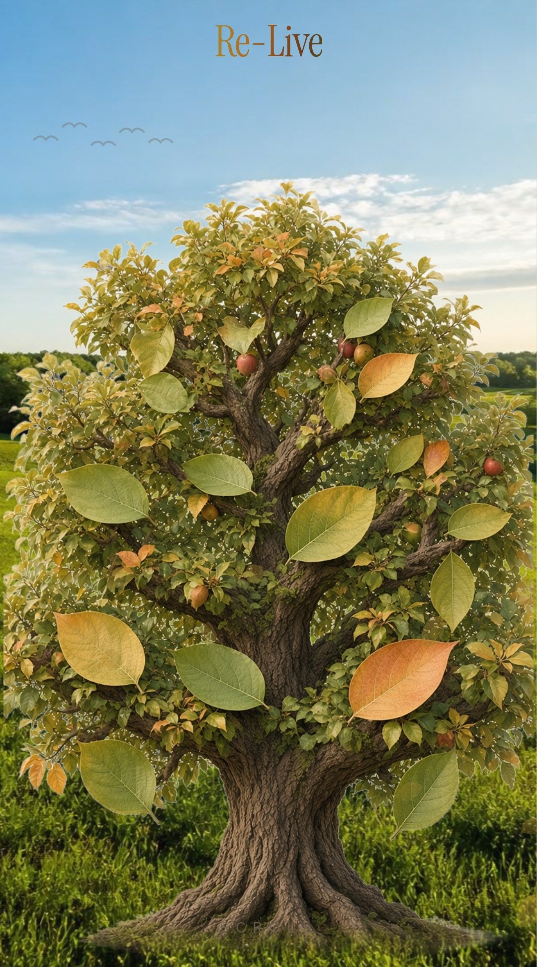 Re-Live app: a large tree full of leaves under a blue sky, with the Re-Live title above it